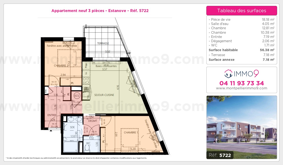 Plan et surfaces, Programme neuf Montpellier : Estanove Référence n° 5722