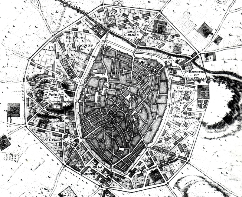 Histoire de Montpellier -Plan de Montpellier avant les guerres de religion (1737) -