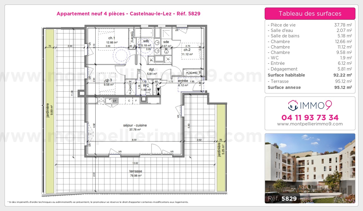 Plan et surfaces, Programme neuf Castelnau-le-Lez Référence n° 5829