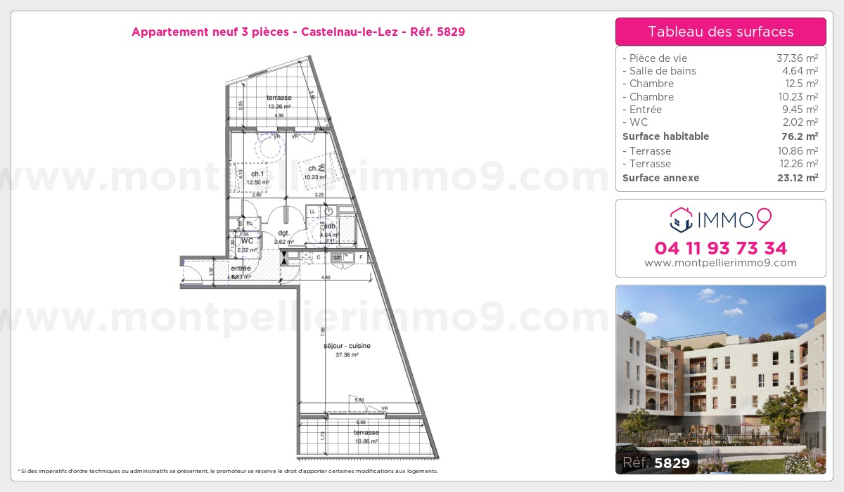 Plan et surfaces, Programme neuf Castelnau-le-Lez Référence n° 5829