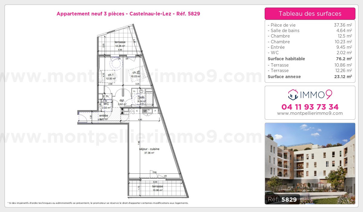 Plan et surfaces, Programme neuf Castelnau-le-Lez Référence n° 5829