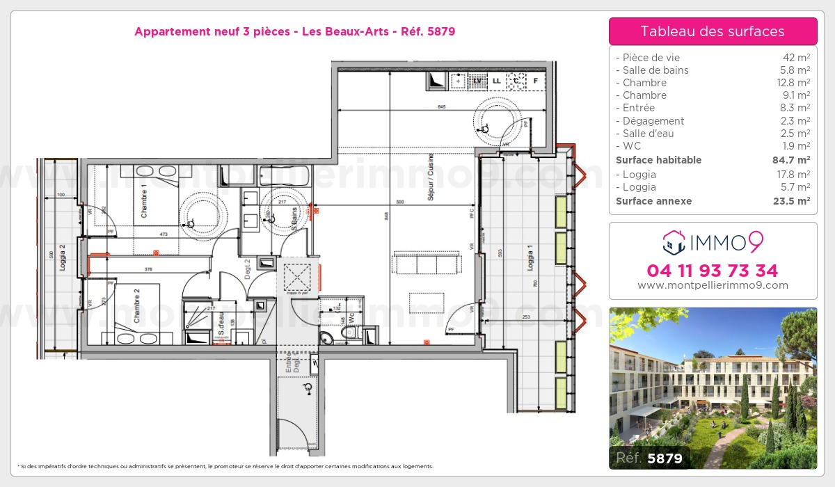 Plan et surfaces, Programme neuf Montpellier : Beaux-Arts Référence n° 5879