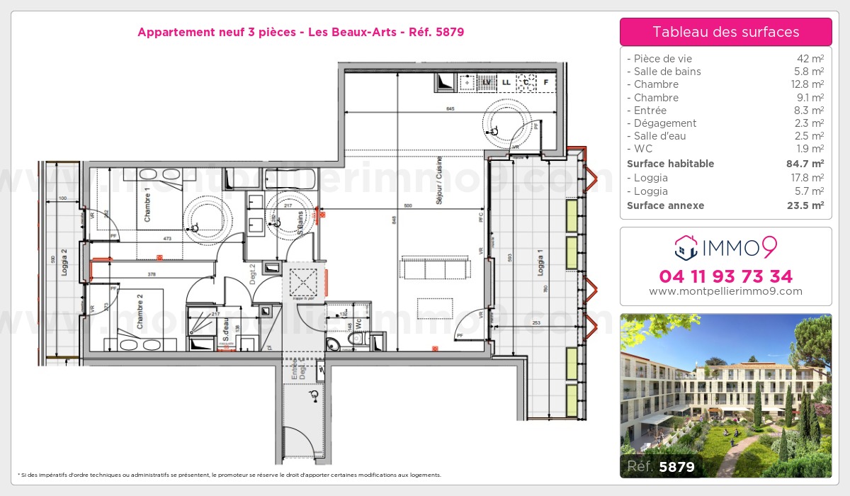 Plan et surfaces, Programme neuf Montpellier : Beaux-Arts Référence n° 5879