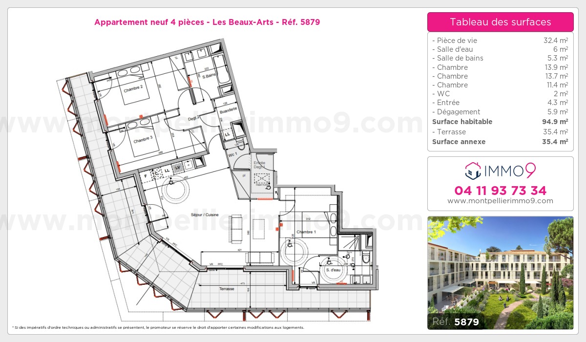 Plan et surfaces, Programme neuf Montpellier : Beaux-Arts Référence n° 5879