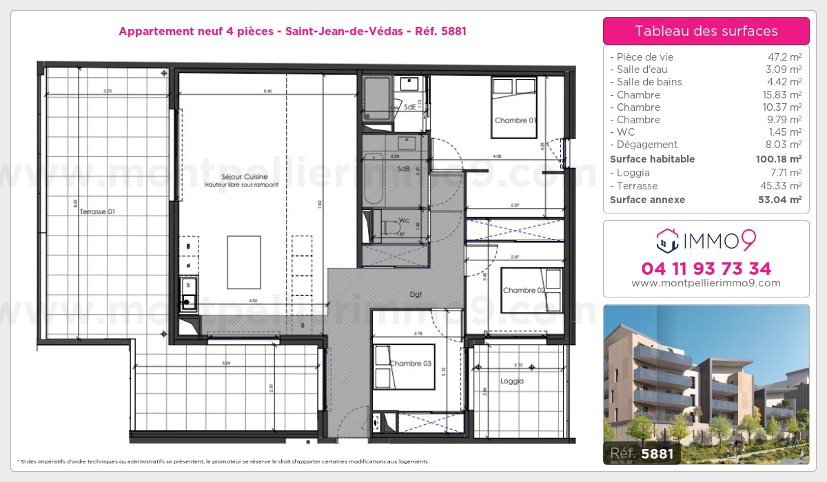 Plan et surfaces, Programme neuf Saint-Jean-de-Védas Référence n° 5881