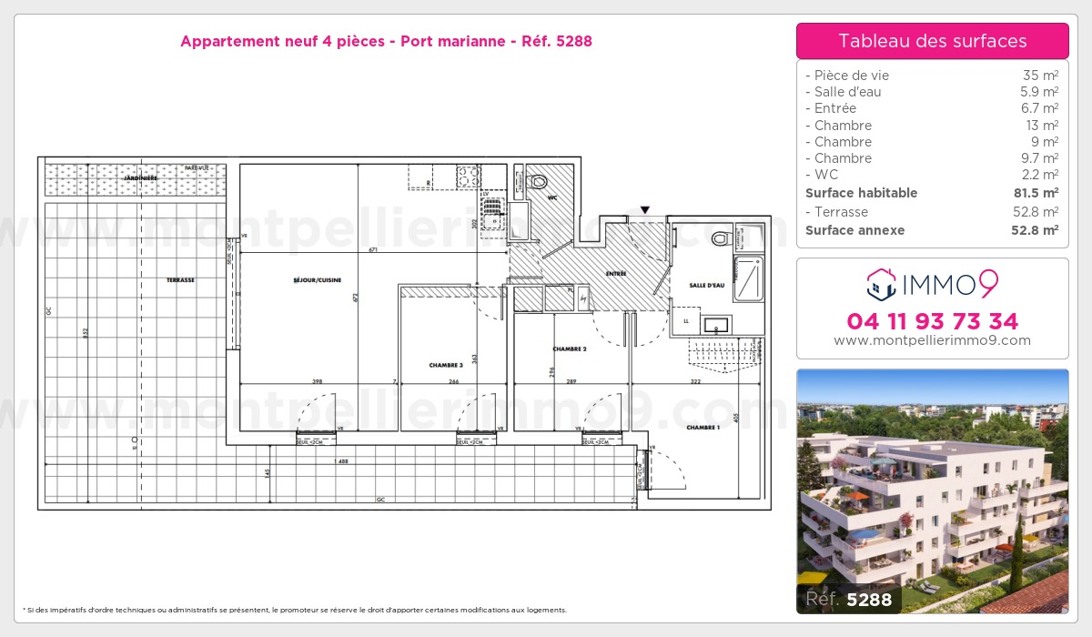 Plan et surfaces, Programme neuf Montpellier : Port marianne Référence n° 5288