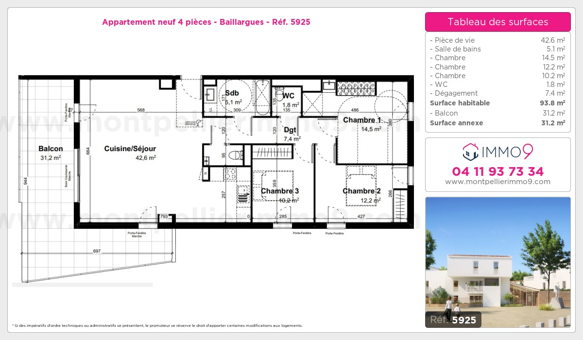 Plan et surfaces, Programme neuf Baillargues Référence n° 5925