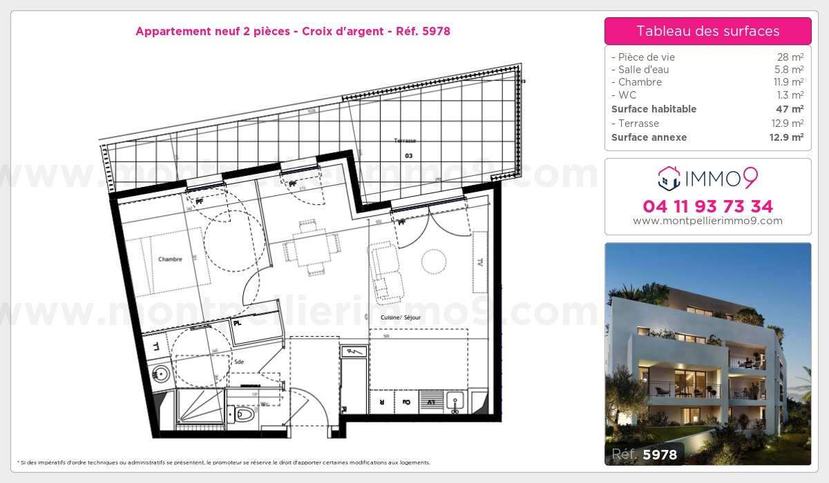 Plan et surfaces, Programme neuf Montpellier : Croix d'argent Référence n° 5978