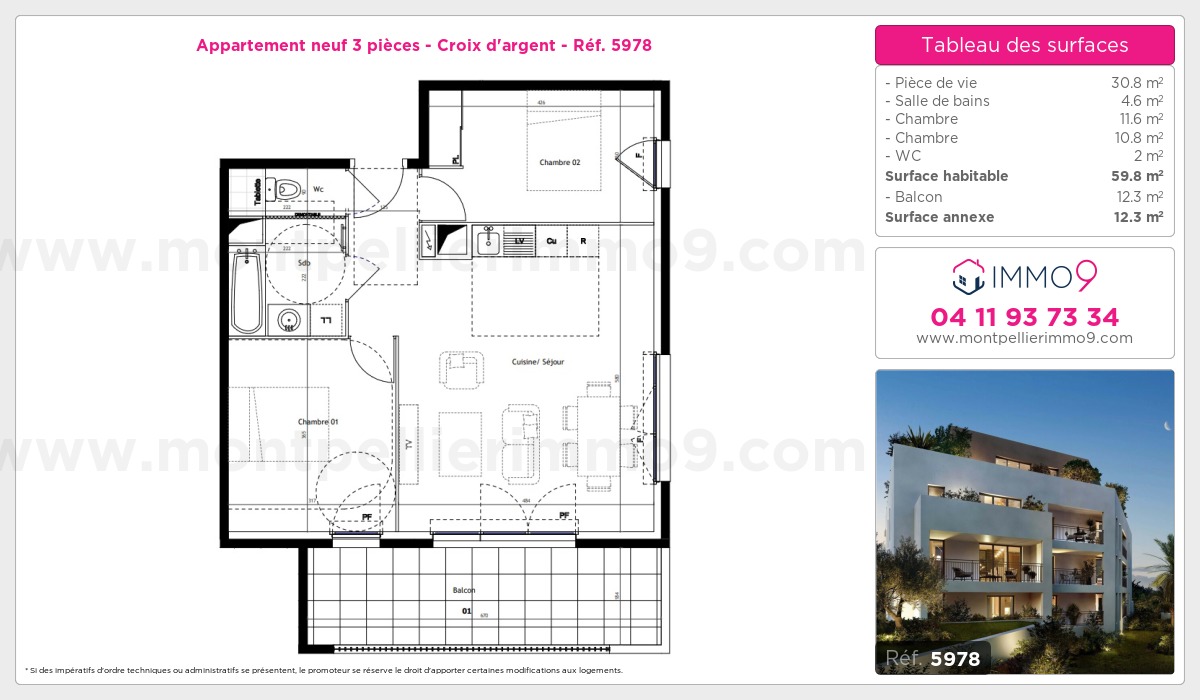 Plan et surfaces, Programme neuf Montpellier : Croix d'argent Référence n° 5978