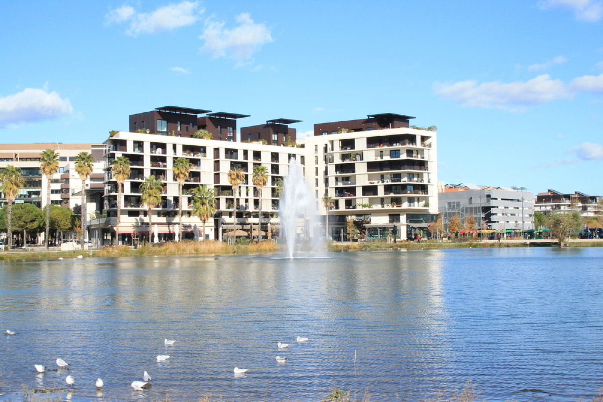 Zoom sur le quartier Port-Marianne à Montpellier Collège Port Marianne – vue le Lez et les bâtiments neufs de Port Marianne