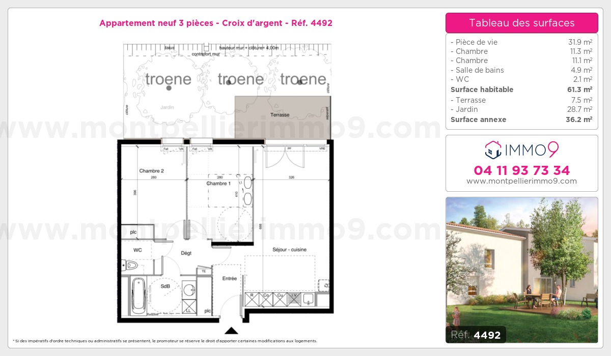Plan et surfaces, Programme neuf Montpellier : Croix d'argent Référence n° 4492