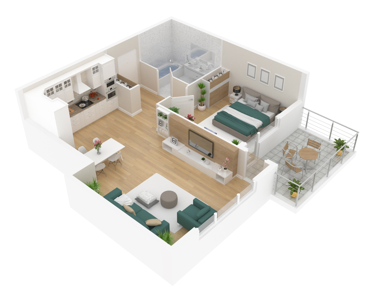 L'achat en VEFA permet de personnaliser son logement et de bénéficier de belles prestations VEFA Montpellier –Vue 3D de l’intéreiur d’un appartement neuf meublé