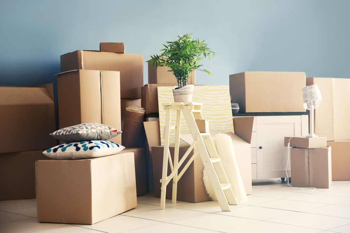Une fois le logement livré les clés sont remises à l’acquéreur pour qu’il puisse s’installer VEFA Montpellier – Carton de déménagement à déballer dans la pièce de vie d’un appartement neuf