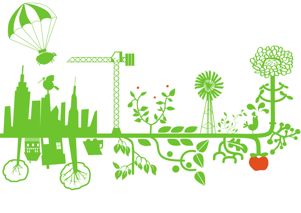 De plus en plus d’écoquartiers sortent de terre à Montpellier Immobilier écologique - dessin d’un quartier vert avec grue gratte-ciel et plantes