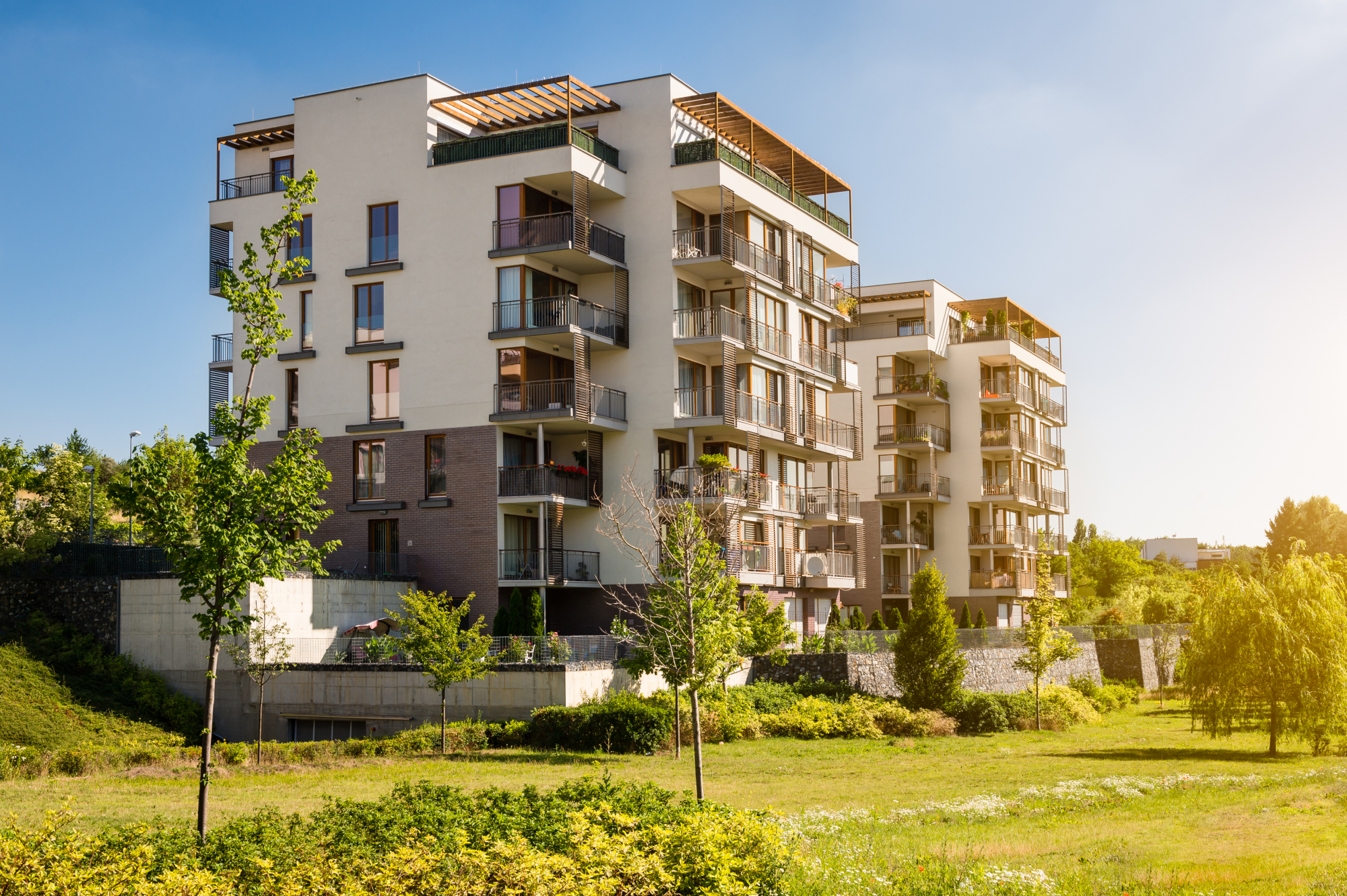 Vue d'un programme immobilier neuf dans un parc verdoyant