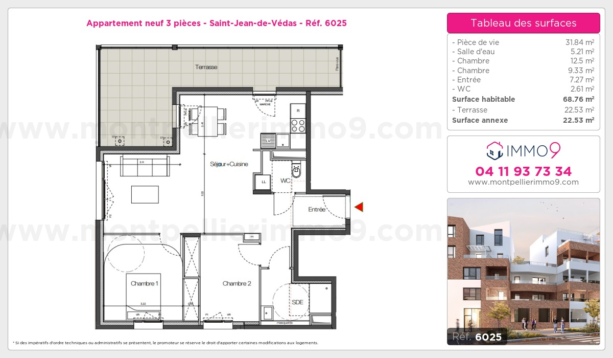 Plan et surfaces, Programme neuf Saint-Jean-de-Védas Référence n° 6025