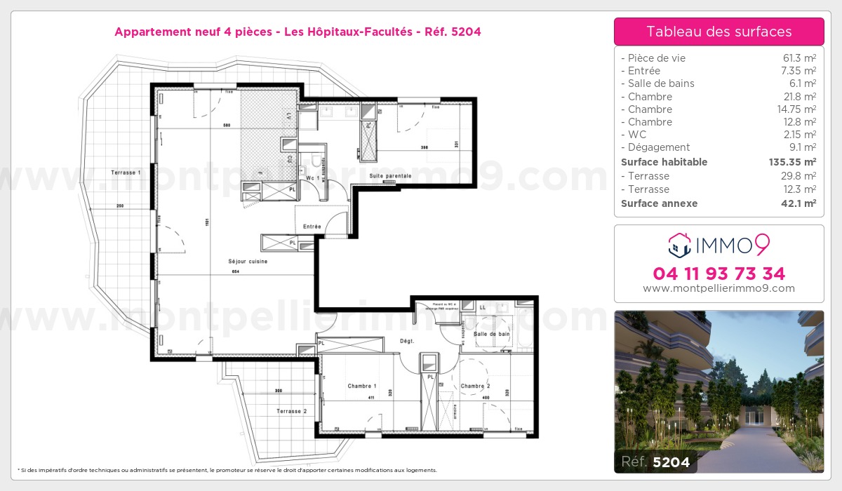 Plan et surfaces, Programme neuf Montpellier : Hôpitaux-Facultés Référence n° 5204