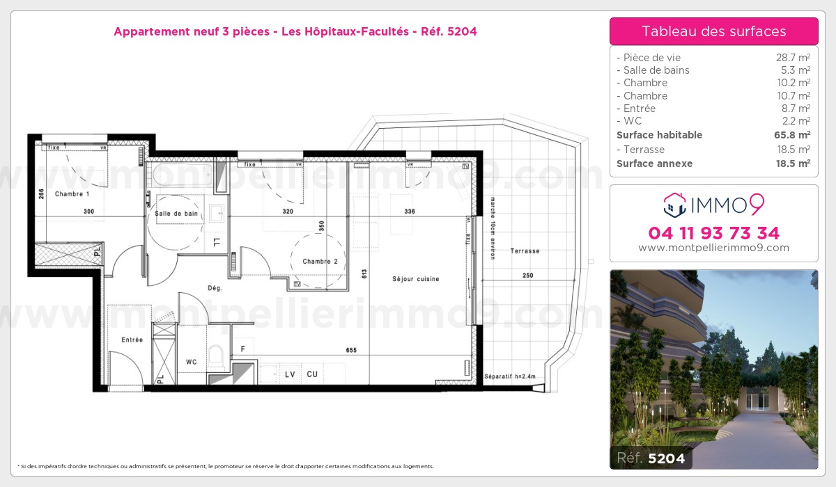 Plan et surfaces, Programme neuf Montpellier : Hôpitaux-Facultés Référence n° 5204