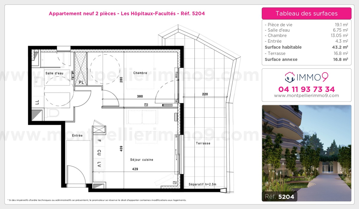 Plan et surfaces, Programme neuf Montpellier : Hôpitaux-Facultés Référence n° 5204