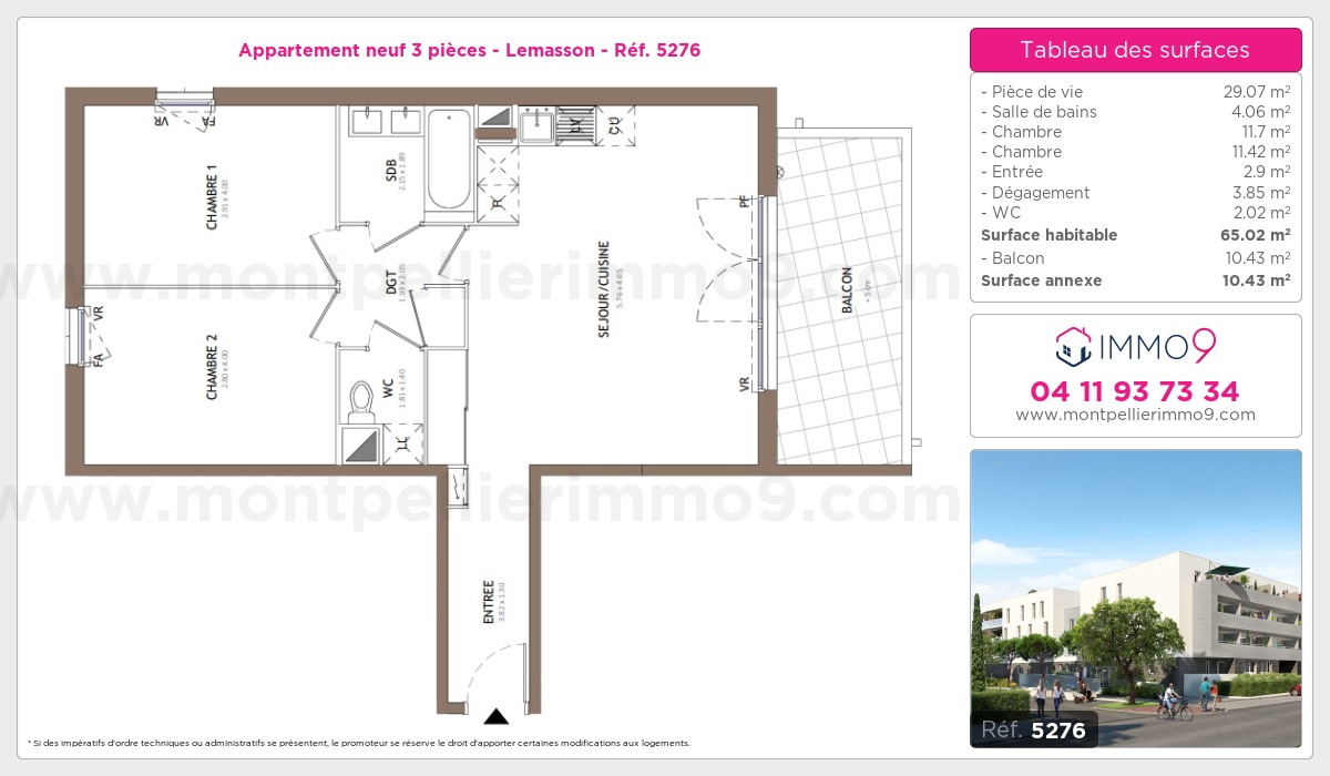 Plan et surfaces, Programme neuf Montpellier : Lemasson Référence n° 5276