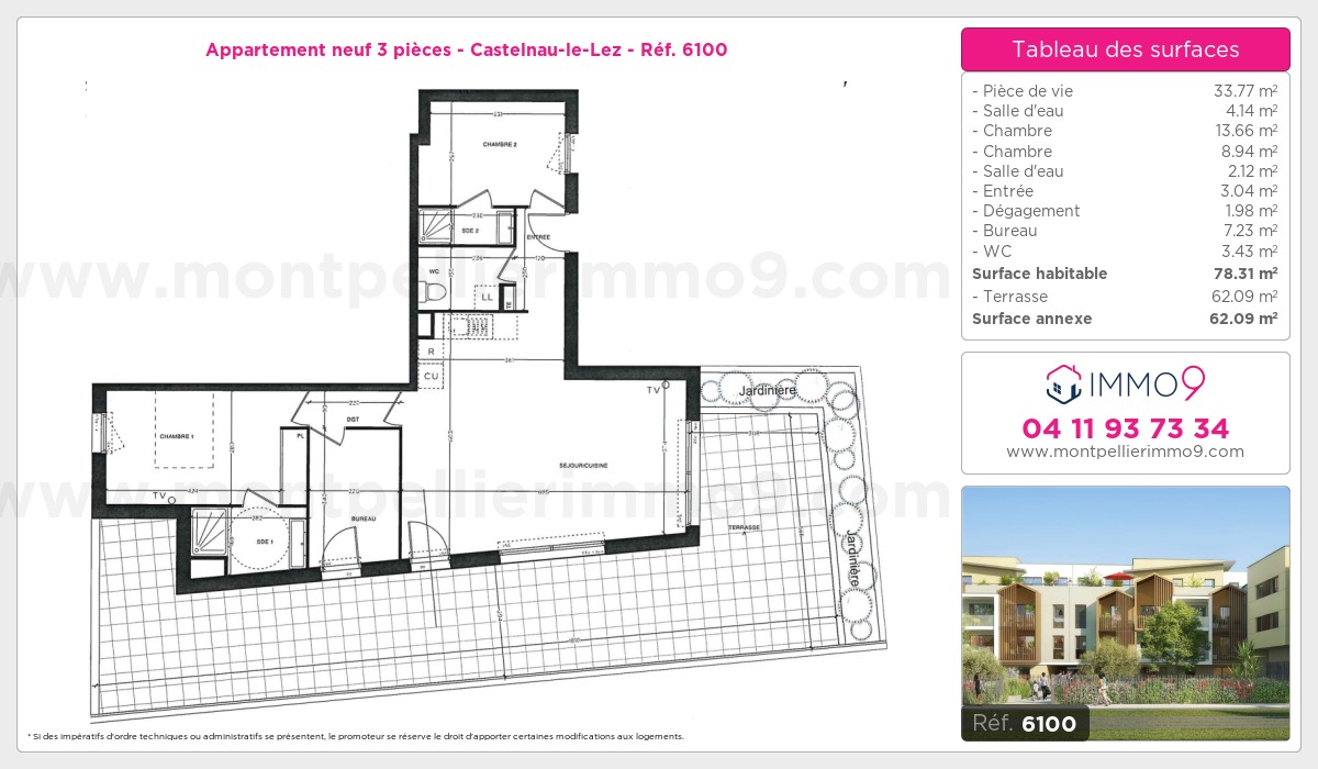 Plan et surfaces, Programme neuf Castelnau-le-Lez Référence n° 6100