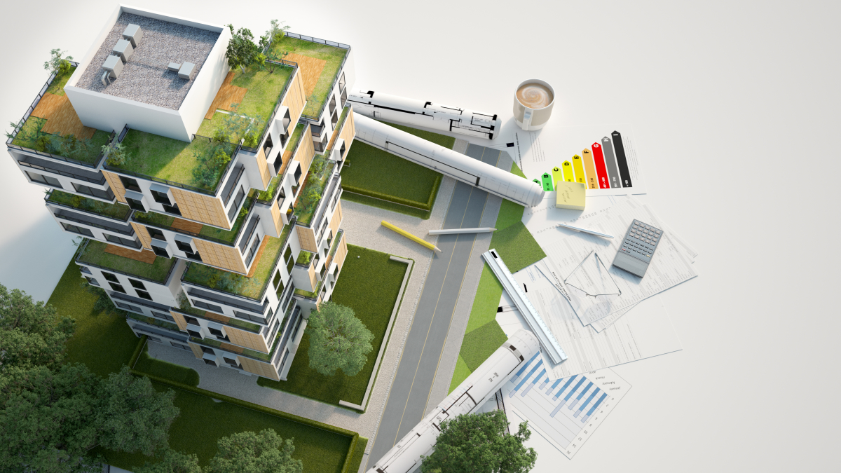 norme RE2020 – une maquette d’immeuble écologique avec des plans