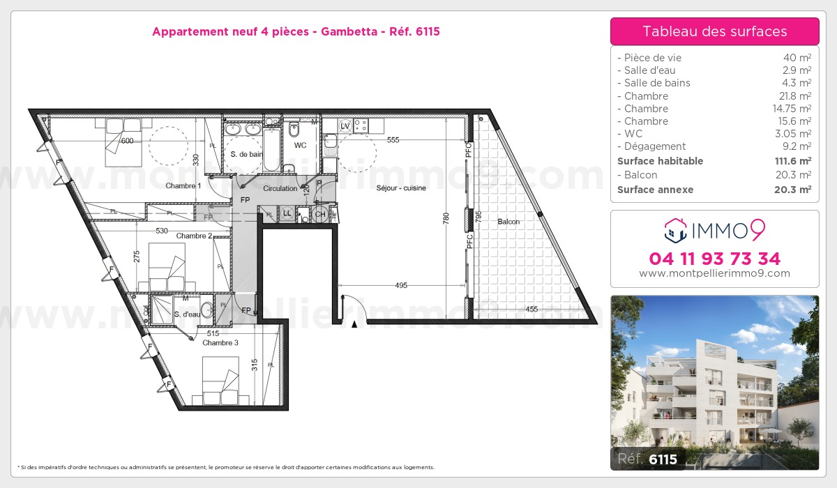 Plan et surfaces, Programme neuf Montpellier : Gambetta Référence n° 6115