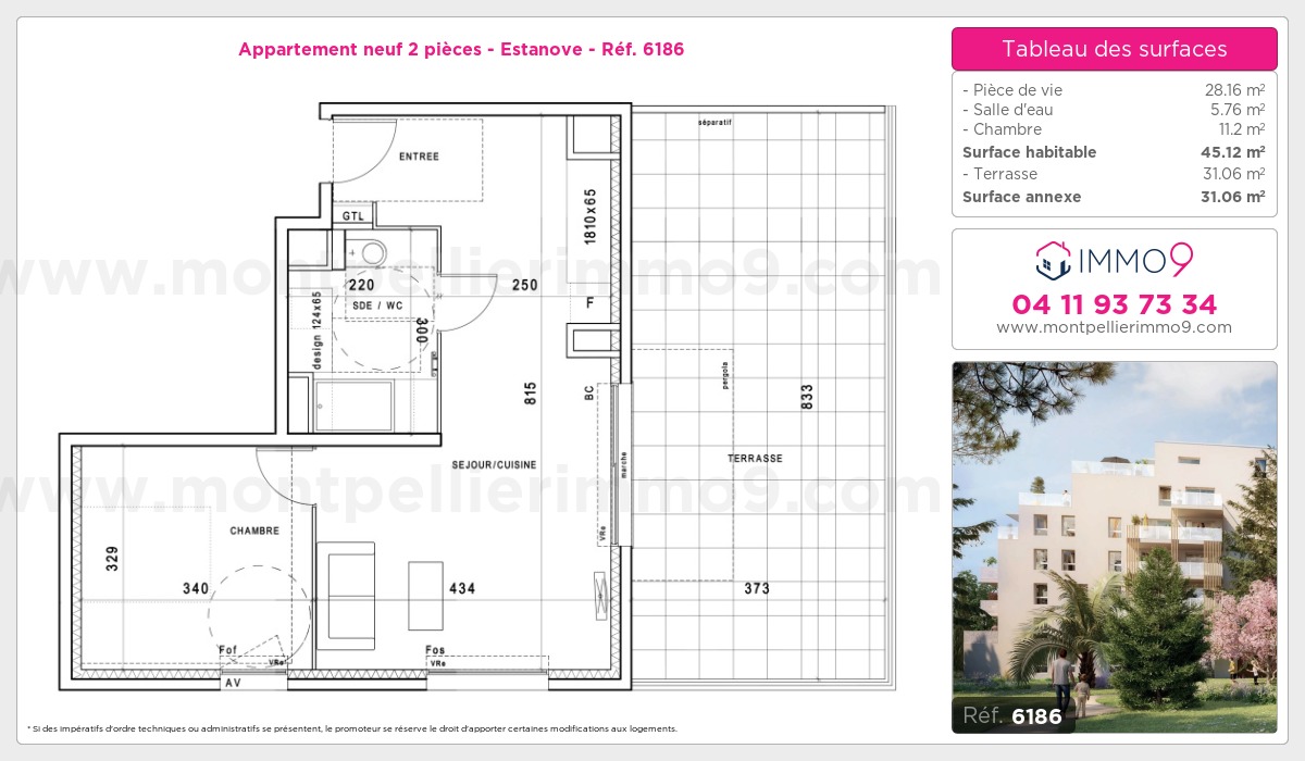 Plan et surfaces, Programme neuf Montpellier : Estanove Référence n° 6186