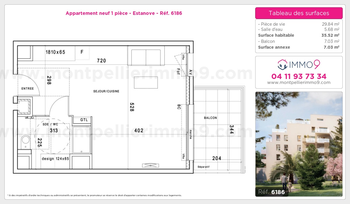 Plan et surfaces, Programme neuf Montpellier : Estanove Référence n° 6186