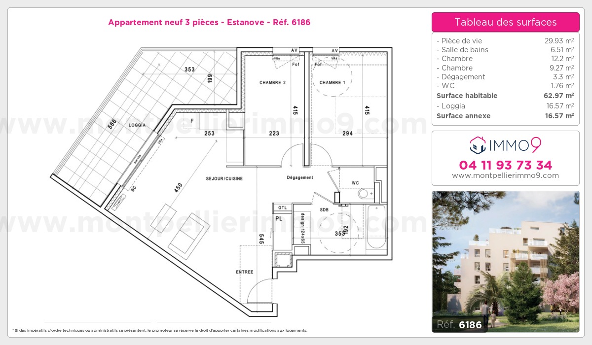 Plan et surfaces, Programme neuf Montpellier : Estanove Référence n° 6186