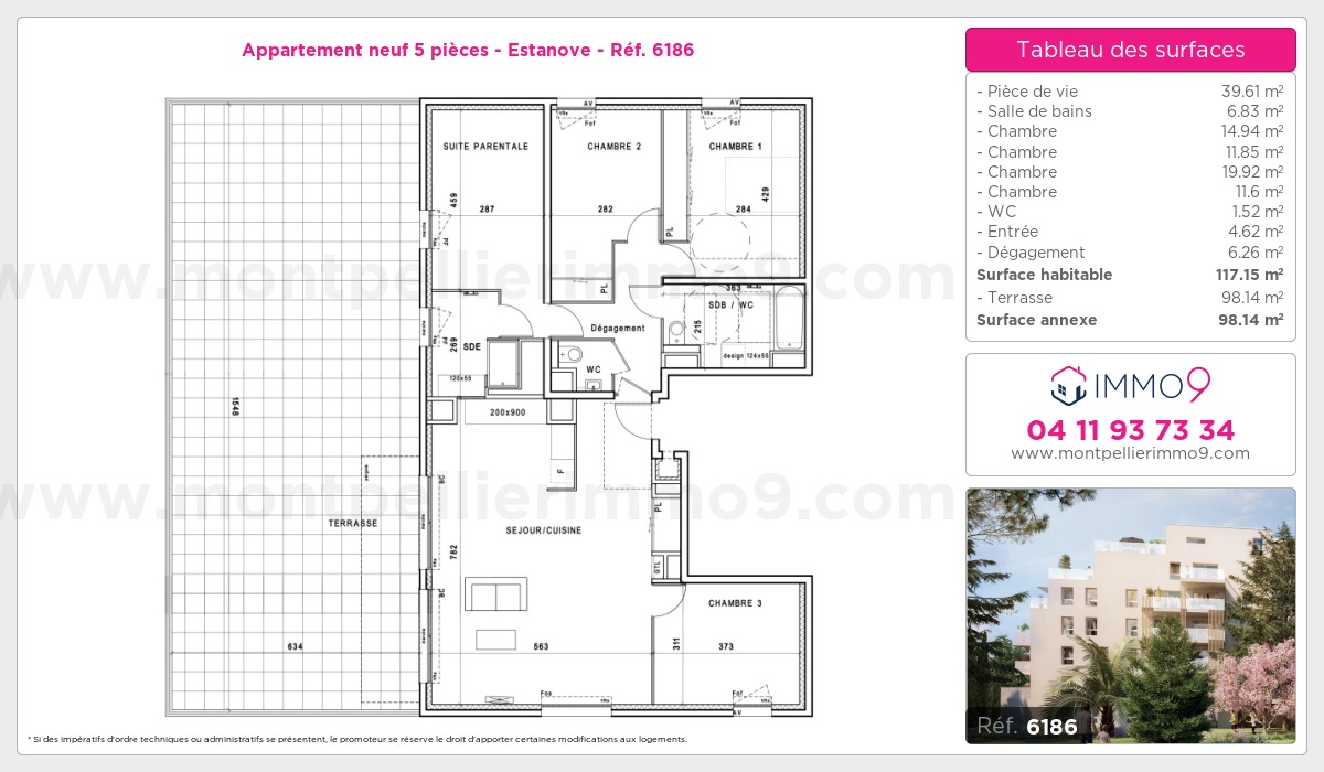 Plan et surfaces, Programme neuf Montpellier : Estanove Référence n° 6186