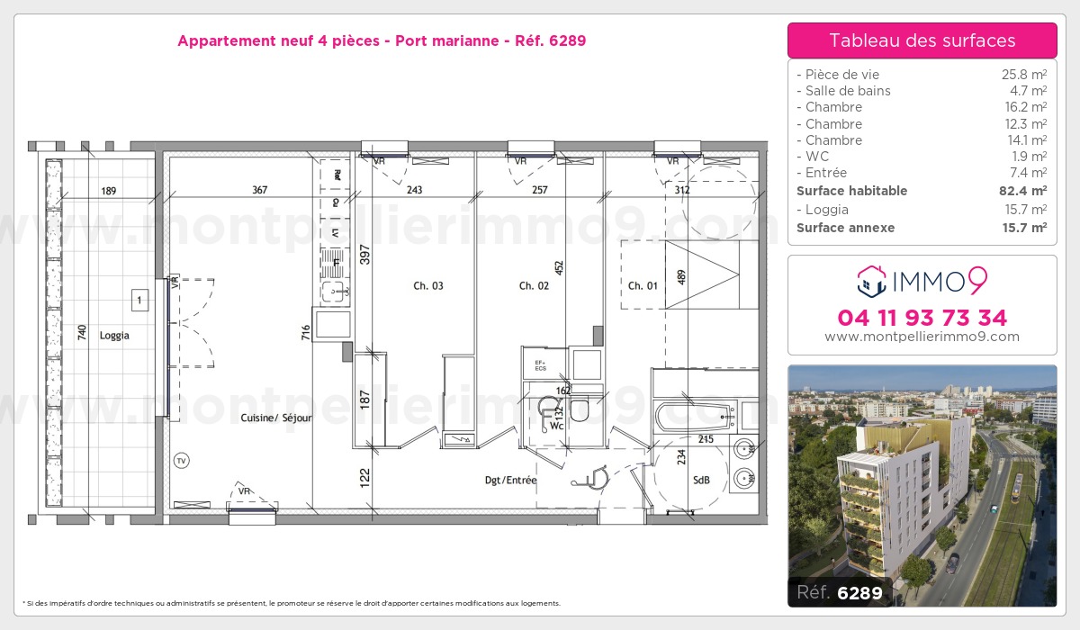 Plan et surfaces, Programme neuf Montpellier : Port marianne Référence n° 6289