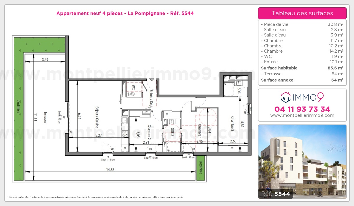 Plan et surfaces, Programme neuf Montpellier : Pompignane Référence n° 5544