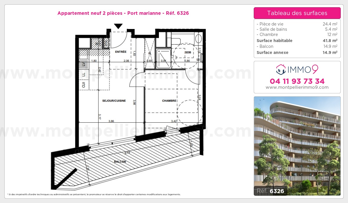 Plan et surfaces, Programme neuf Montpellier : Port marianne Référence n° 6326