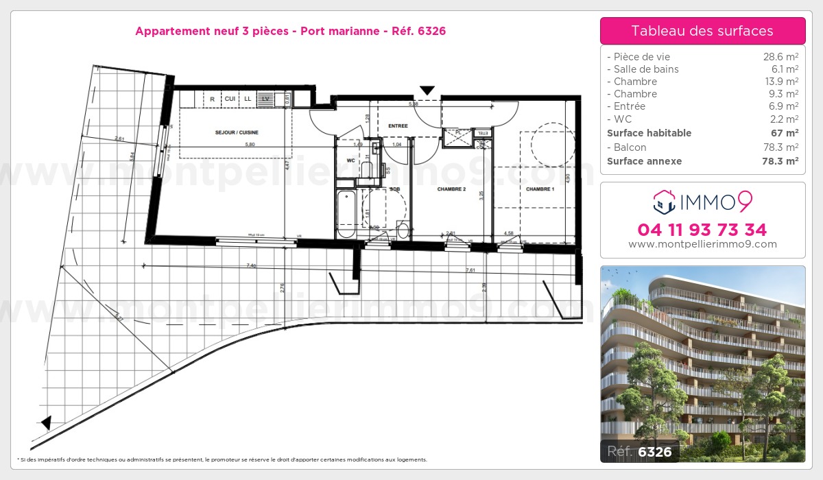 Plan et surfaces, Programme neuf Montpellier : Port marianne Référence n° 6326