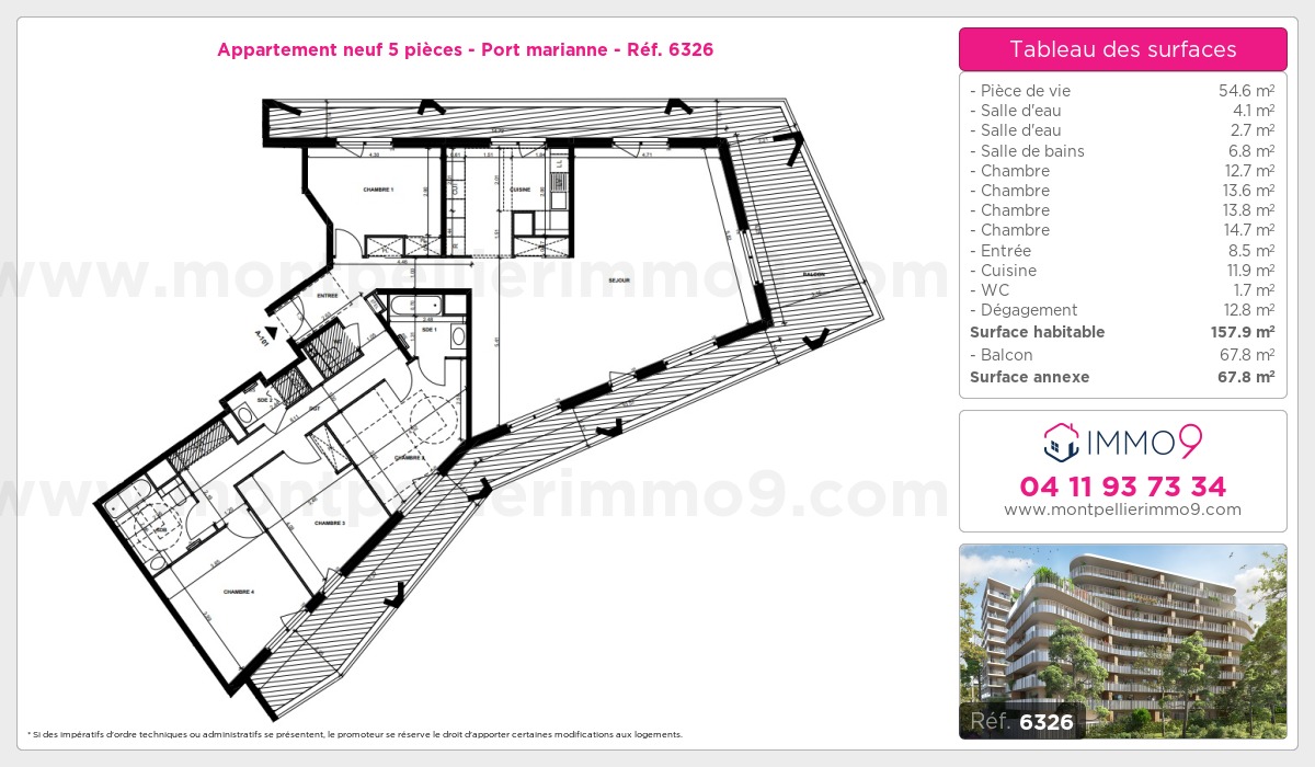 Plan et surfaces, Programme neuf Montpellier : Port marianne Référence n° 6326