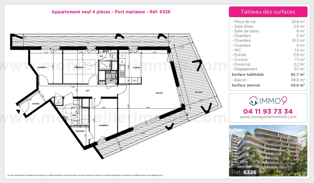 Plan et surfaces, Programme neuf Montpellier : Port marianne Référence n° 6326