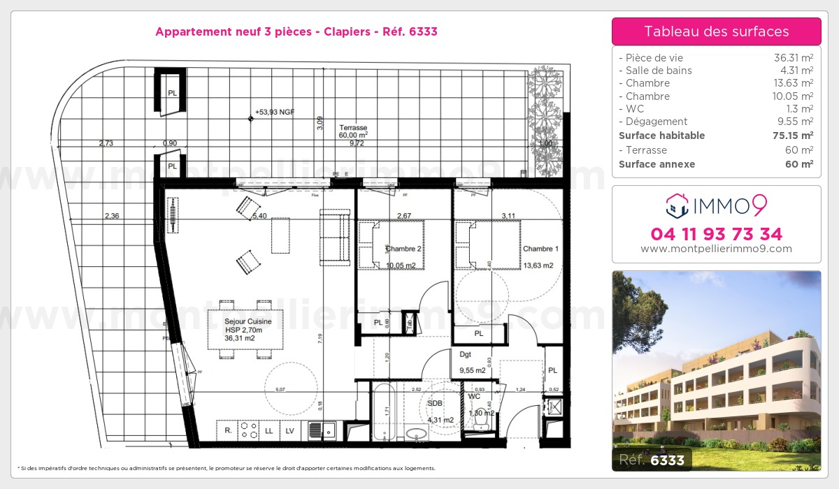 Plan et surfaces, Programme neuf Clapiers Référence n° 6333