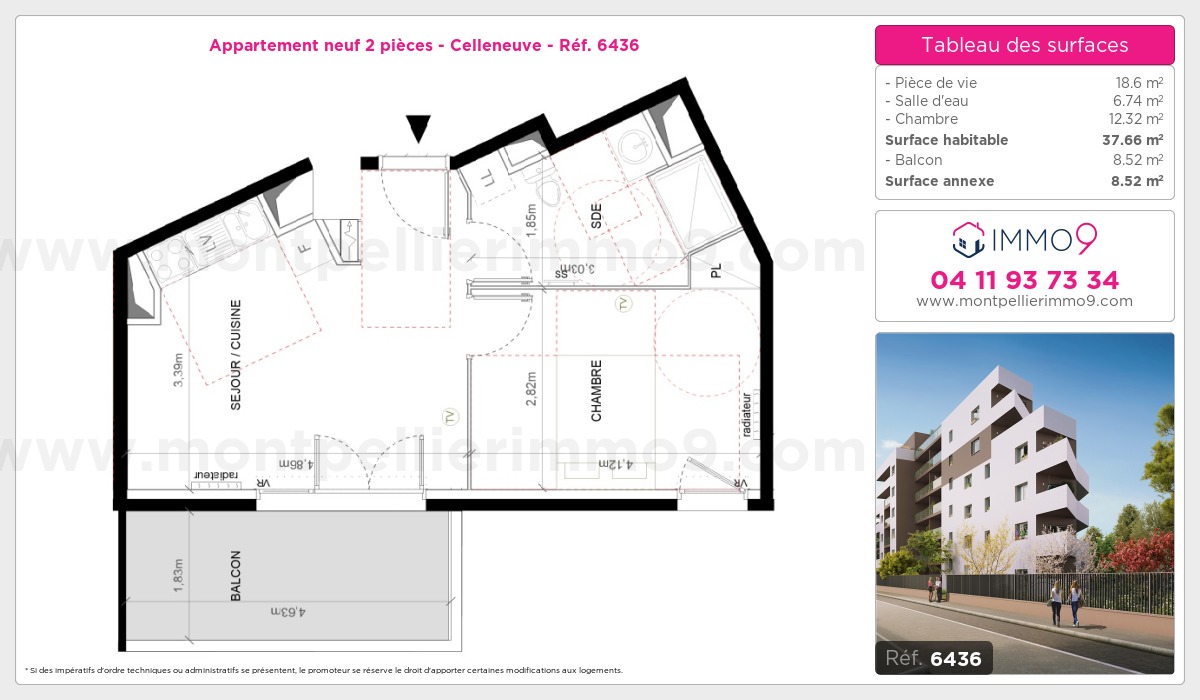 Plan et surfaces, Programme neuf Montpellier : Celleneuve Référence n° 6436