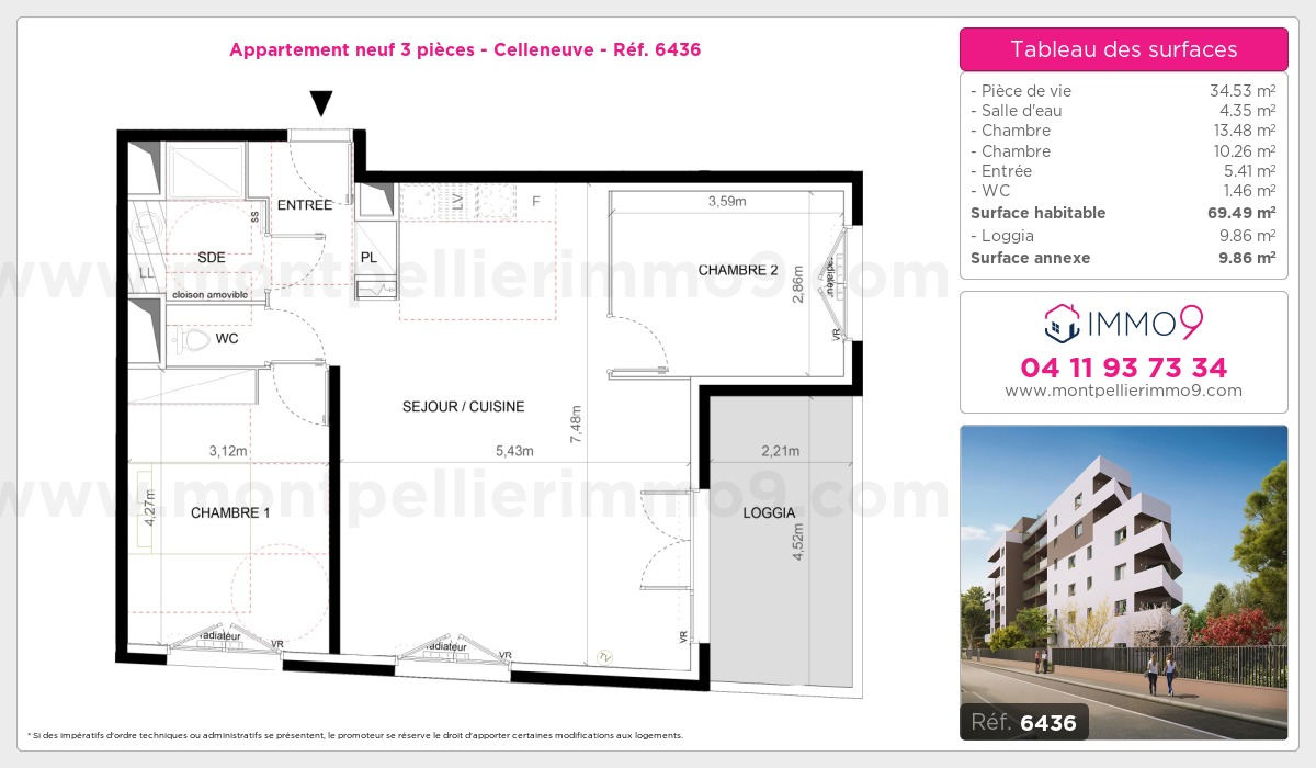 Plan et surfaces, Programme neuf Montpellier : Celleneuve Référence n° 6436