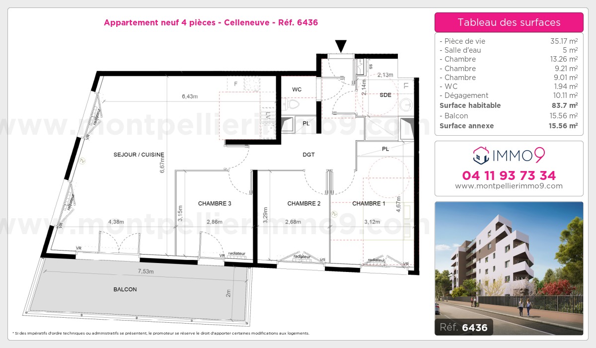 Plan et surfaces, Programme neuf Montpellier : Celleneuve Référence n° 6436