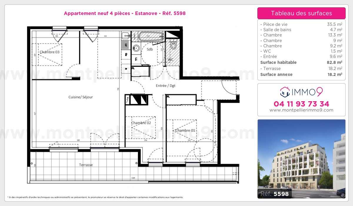 Plan et surfaces, Programme neuf Montpellier : Estanove Référence n° 5598