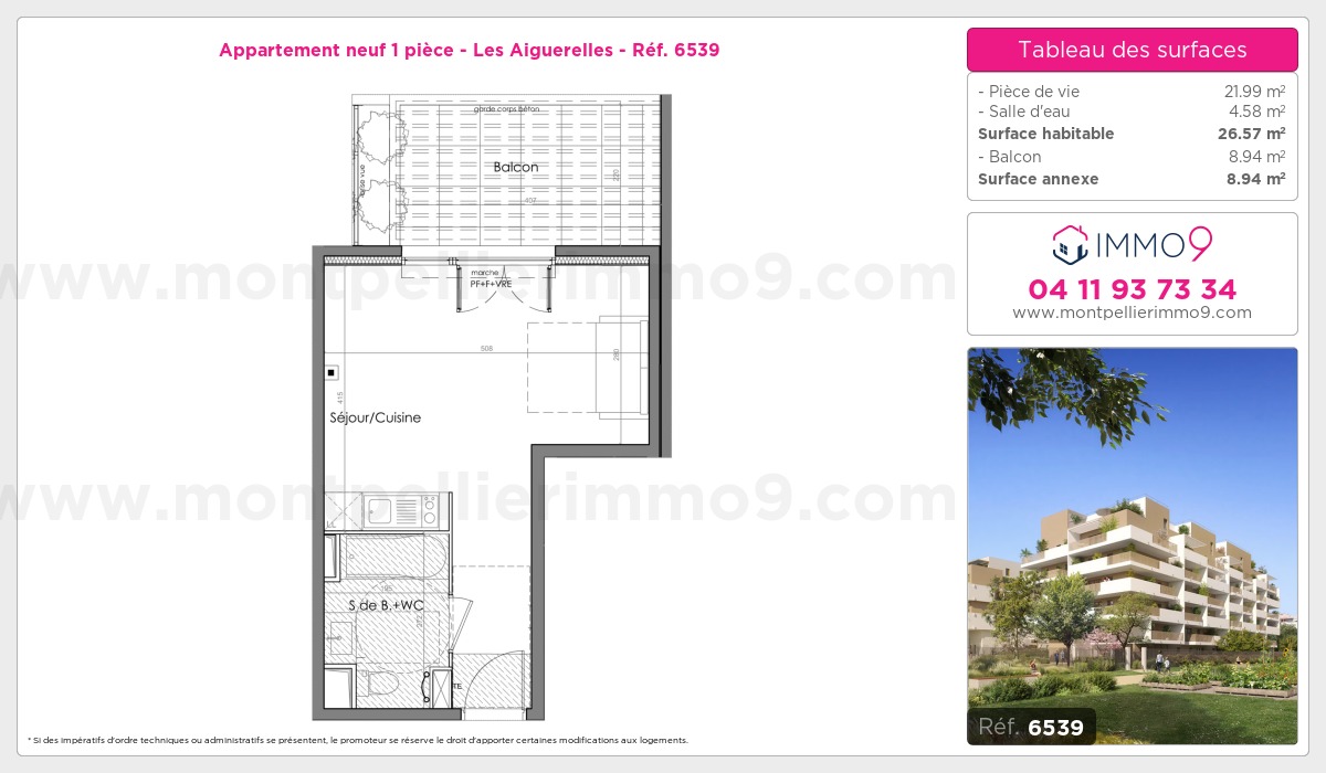 Plan et surfaces, Programme neuf Montpellier : Aiguerelles Référence n° 6539