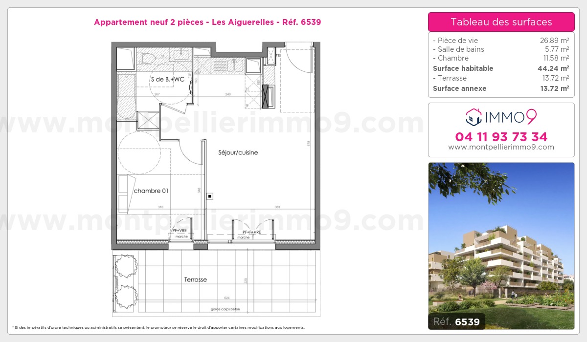 Plan et surfaces, Programme neuf Montpellier : Aiguerelles Référence n° 6539