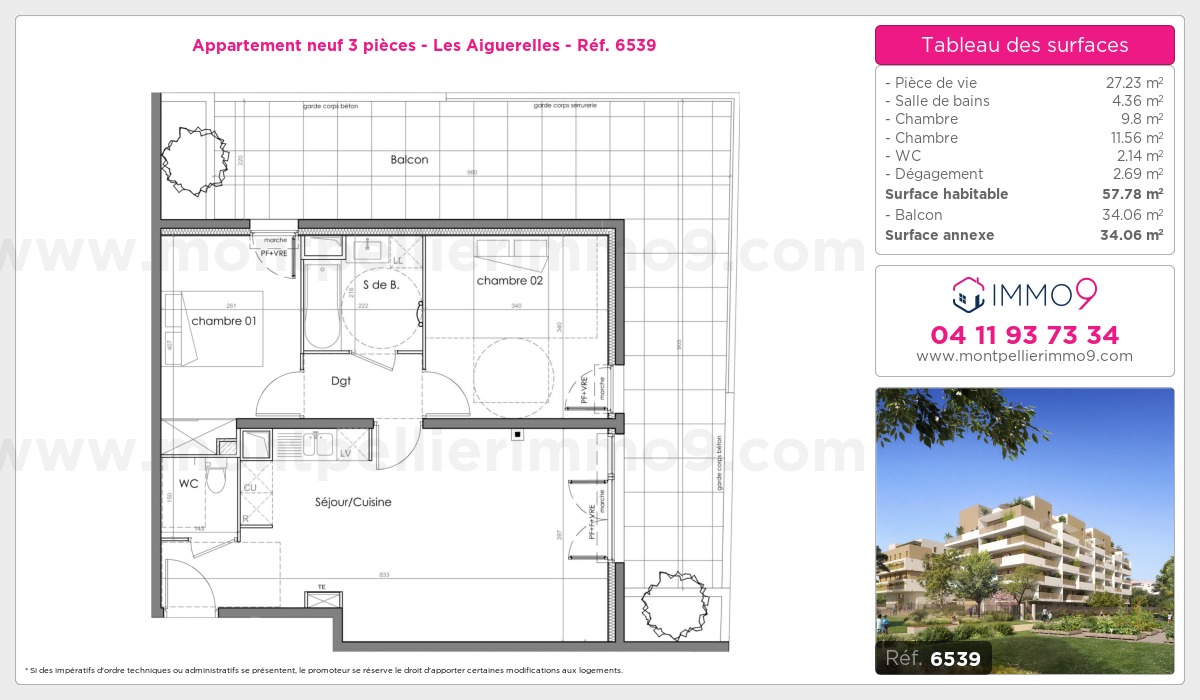 Plan et surfaces, Programme neuf Montpellier : Aiguerelles Référence n° 6539