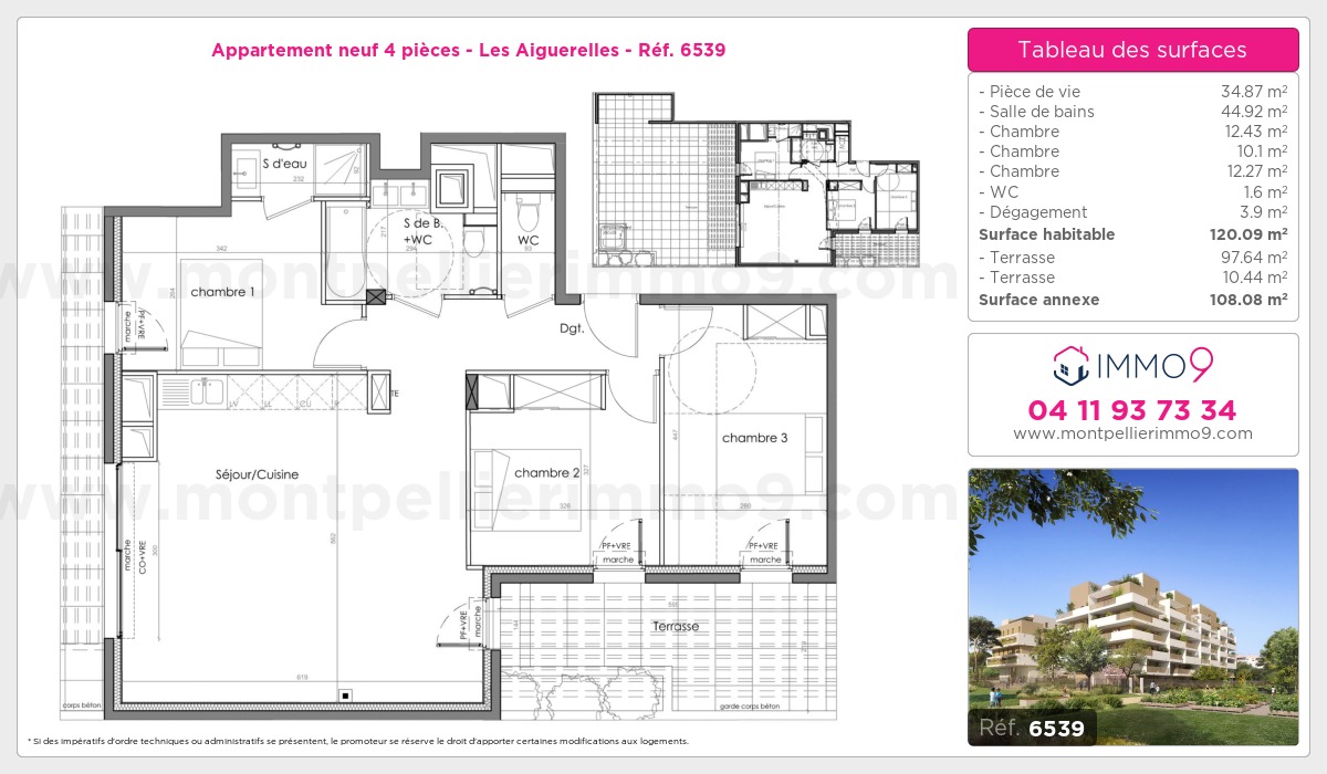 Plan et surfaces, Programme neuf Montpellier : Aiguerelles Référence n° 6539