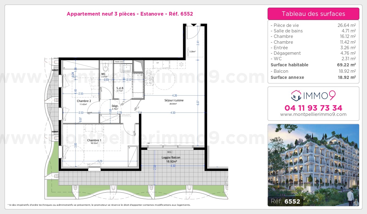 Plan et surfaces, Programme neuf Montpellier : Estanove Référence n° 6552