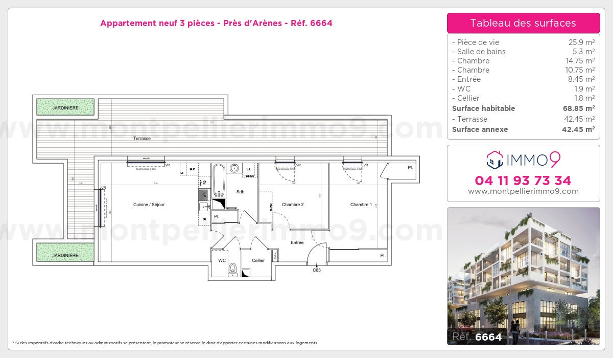 Plan et surfaces, Programme neuf Montpellier : Près d'Arènes Référence n° 6664