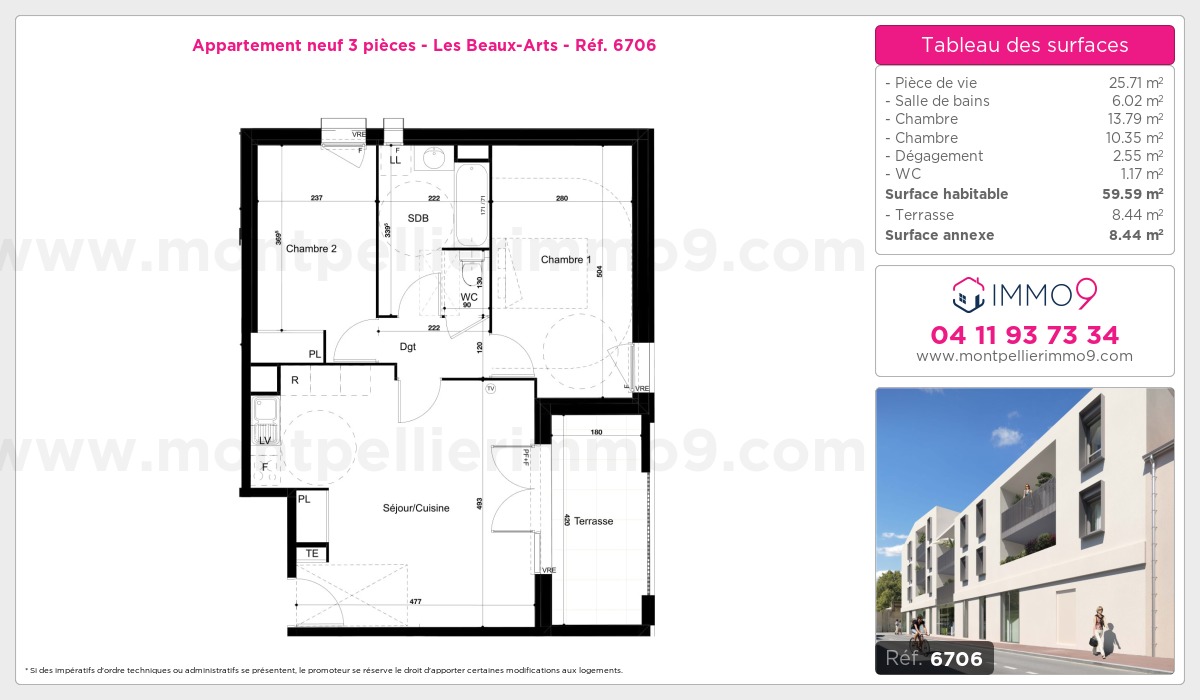 Plan et surfaces, Programme neuf Montpellier : Beaux-Arts Référence n° 6706