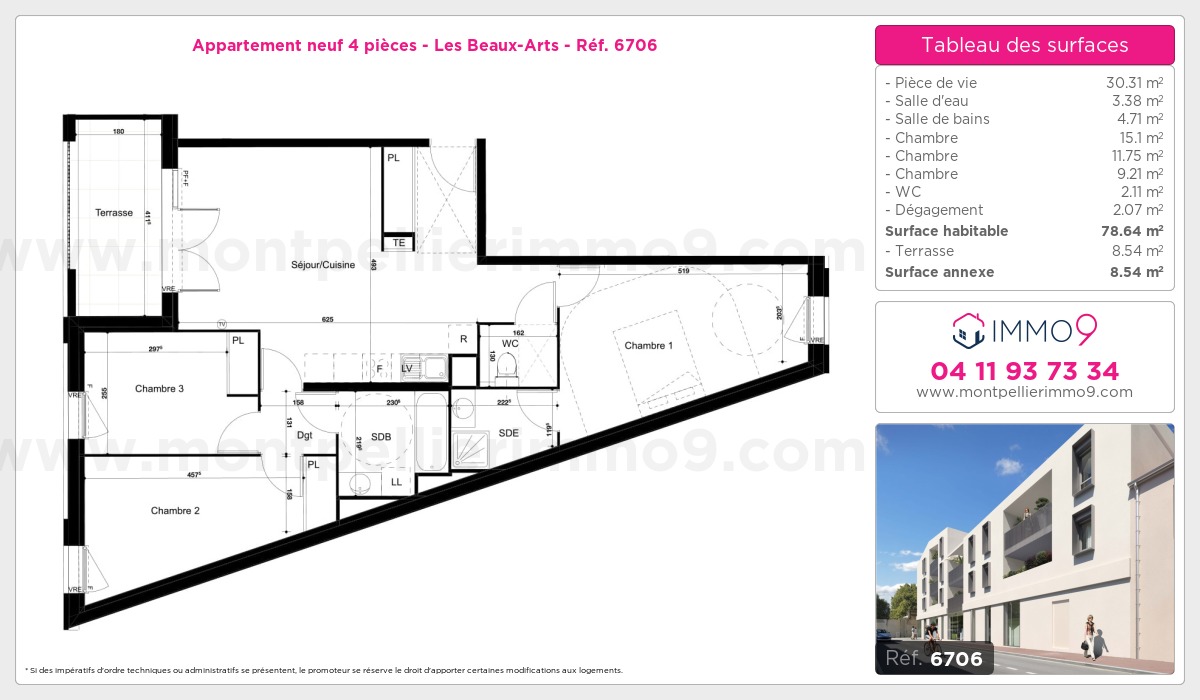 Plan et surfaces, Programme neuf Montpellier : Beaux-Arts Référence n° 6706